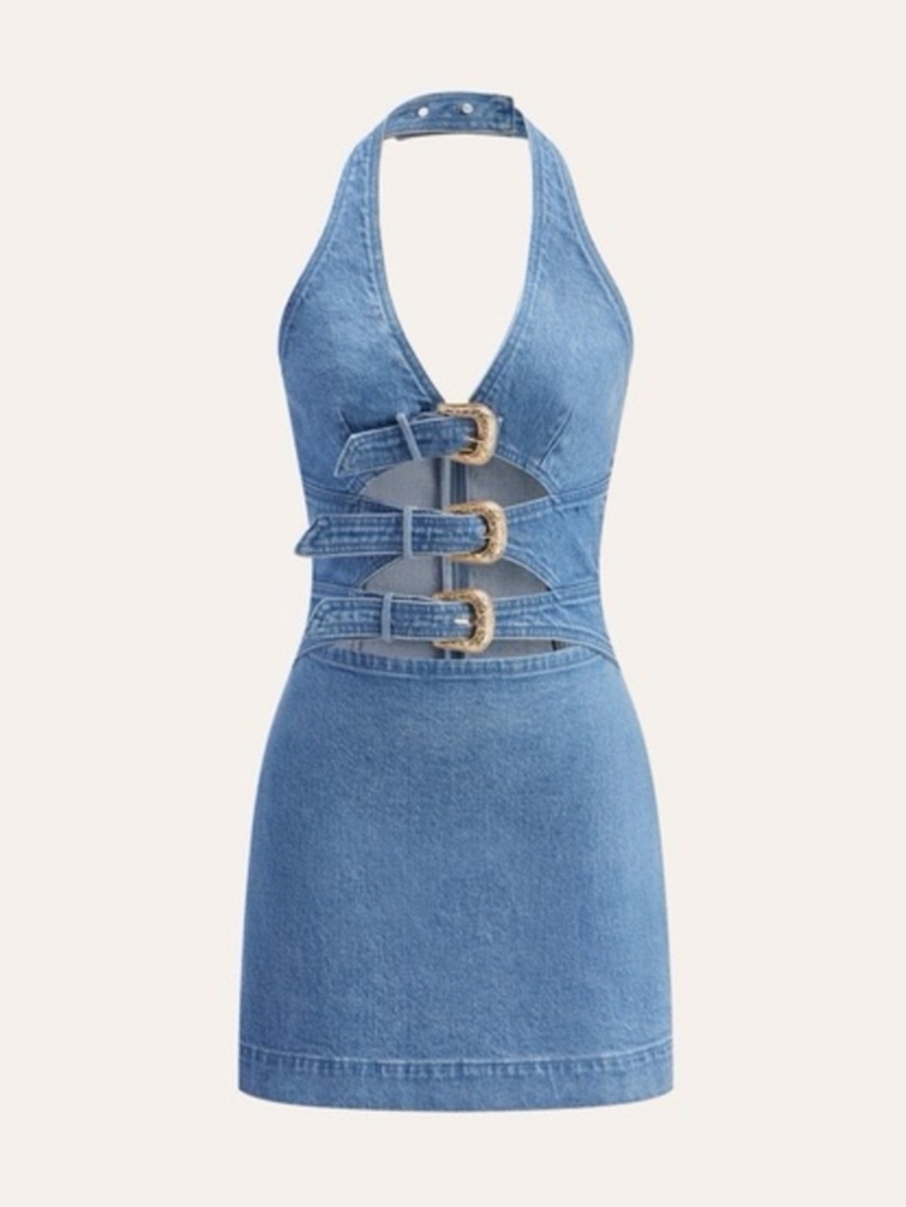 Commense Light Blue Denim Halter Mini Dress with Buckle Straps